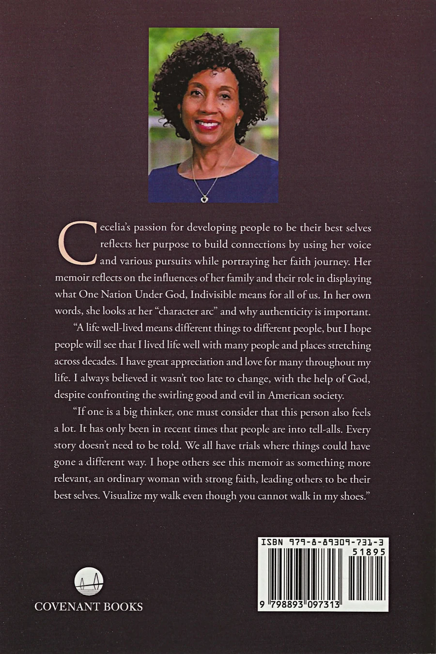 Back cover of Five Generations, One Nation, Under God — a portrait of Cecelia Benford above a summary of the memoir, with the Covenant Books logo and ISBN